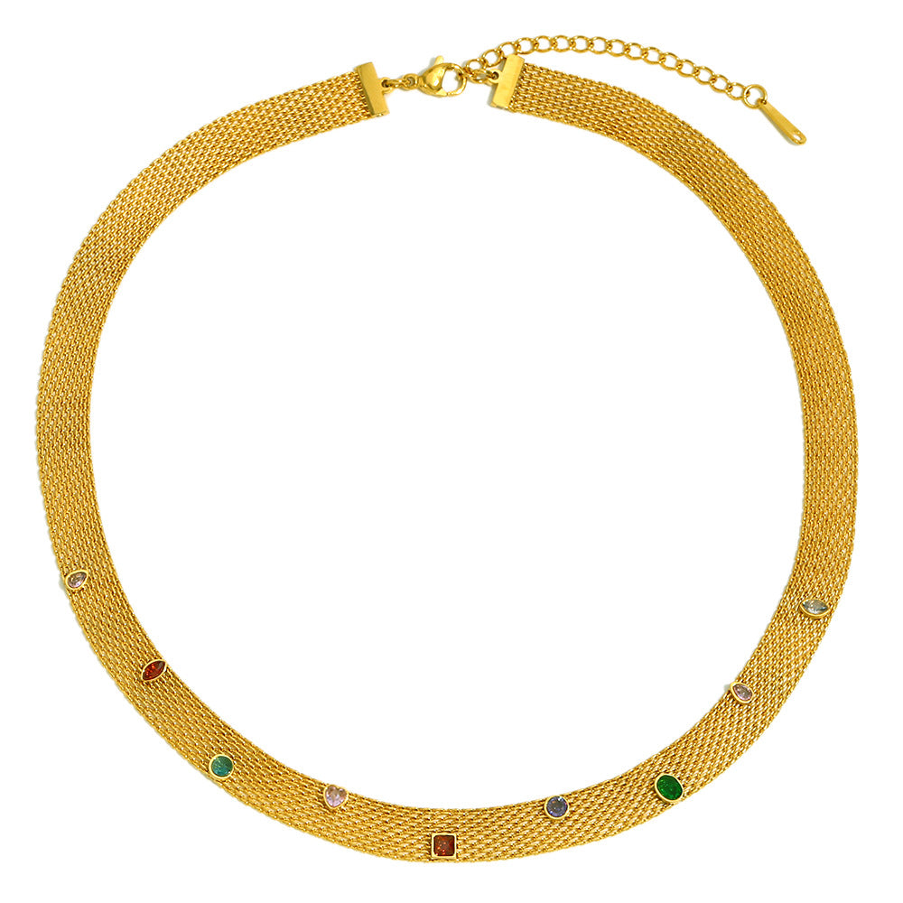 Fashionable Geometric Stainless Steel Plated 18K Gold Necklace with Colorful Zircon Pendant for Women