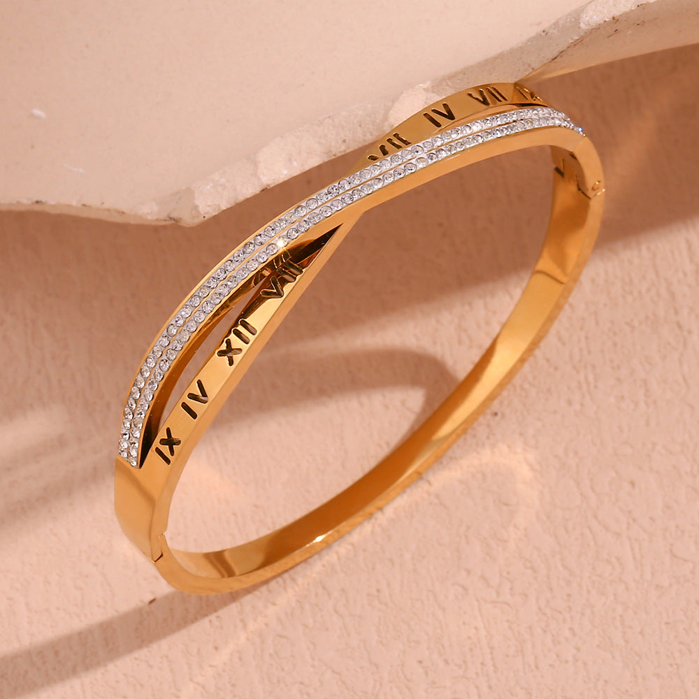 Minimalist Geometric Stainless Steel Plated 18K Gold Cross-Set Rhinestone Bracelet for Women