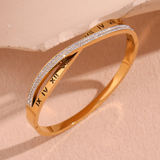 Bracciale da donna in acciaio inossidabile placcato oro 18 carati con strass incastonati a croce, design geometrico minimalista