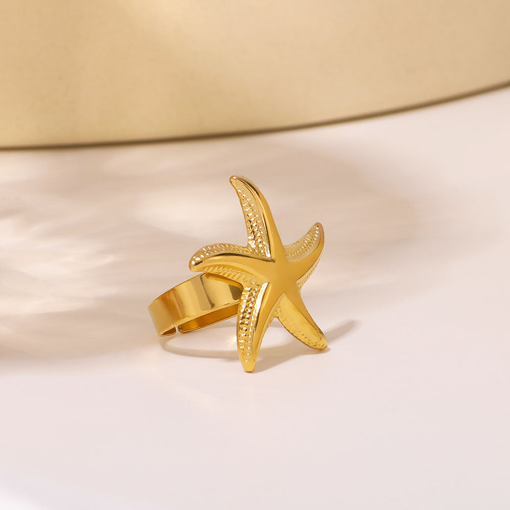 Anello Aperto da Donna a Tema Oceano Spiaggia Stella Marina Stile Ins in Acciaio Inossidabile con Placcatura in Oro 18K