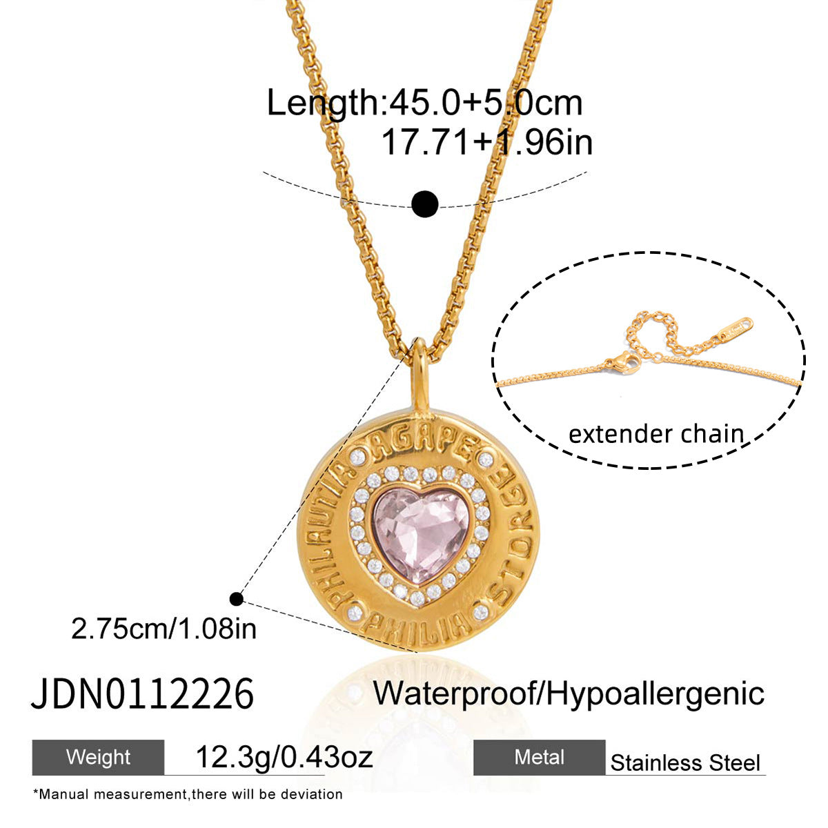 Collana con Ciondolo a Moneta in Acciaio al Titanio con Intarsio di Zirconi Cubici a Cuore Geometrico Minimalista da Donna