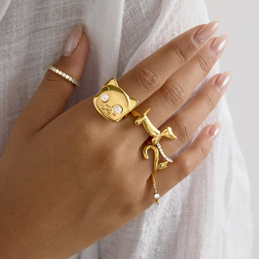 Cat-Shaped Geometric Titanium Steel Ring with Zirconia Inlay for Women, PVD Vacuum Gold Plated Luxury Fashion Ring