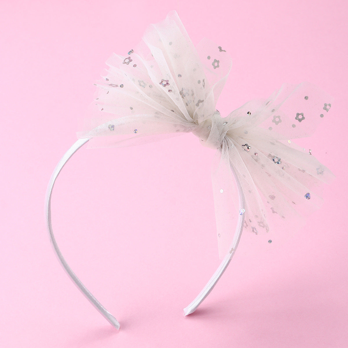 Fascia per capelli con fiocco grande colorata e minimalista, con dettagli arricciati e abbellimenti in perle per bambini