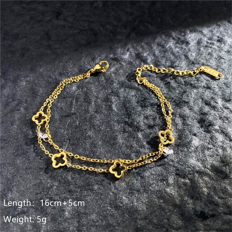 Original Design Geometric Four-Leaf Clover Roman Numeral Double-Layer Bracelet in Titanium Steel with Gold Plating