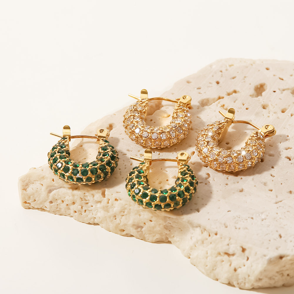 French Style Trendy 18K Gold Plated Stainless Steel Geometric Hoop Earrings with Green and White Cubic Zirconia for Women
