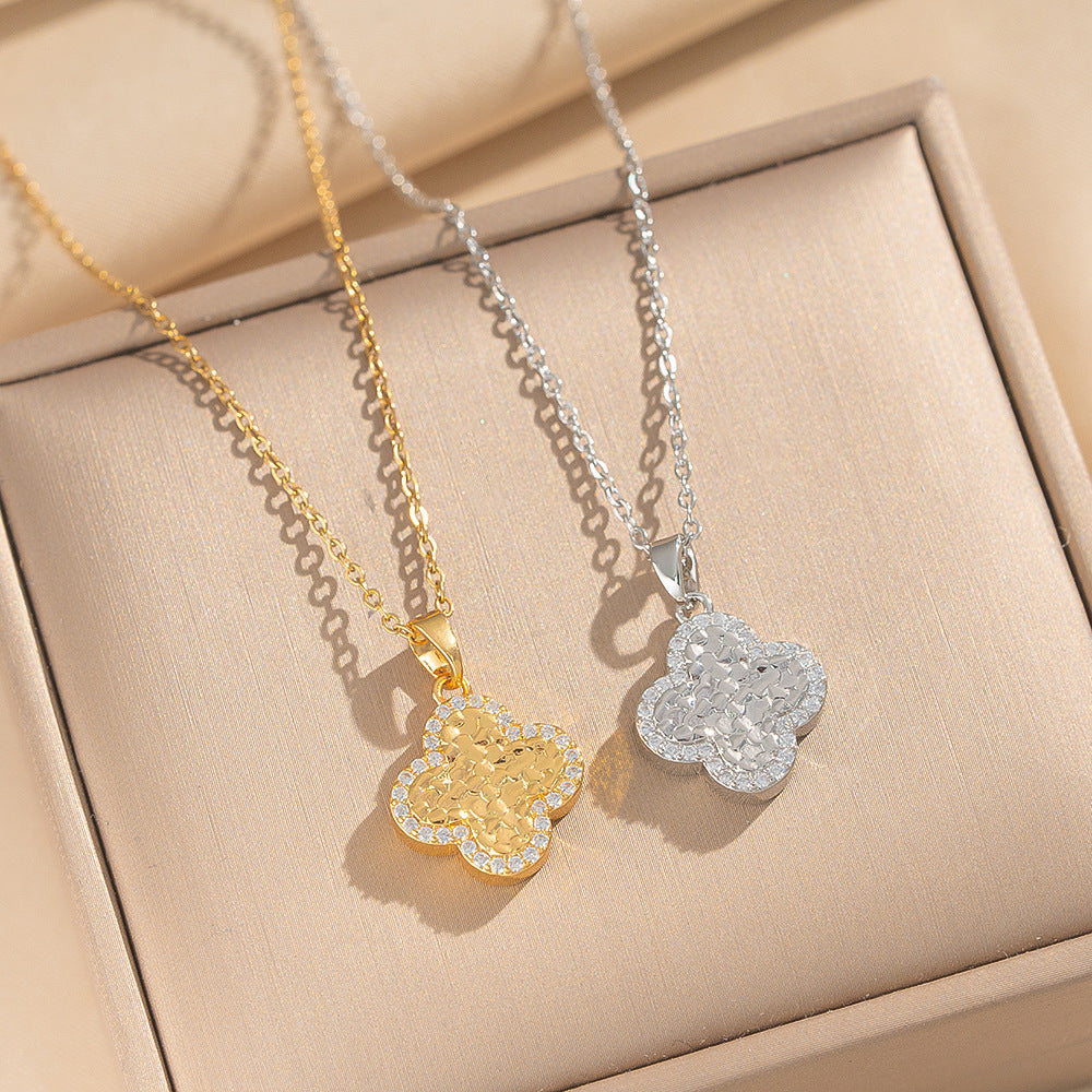 Minimalist Lucky Clover Pendant Necklace for Women in Titanium Steel with Gold Plating and Zircon Inlay on O-Chain