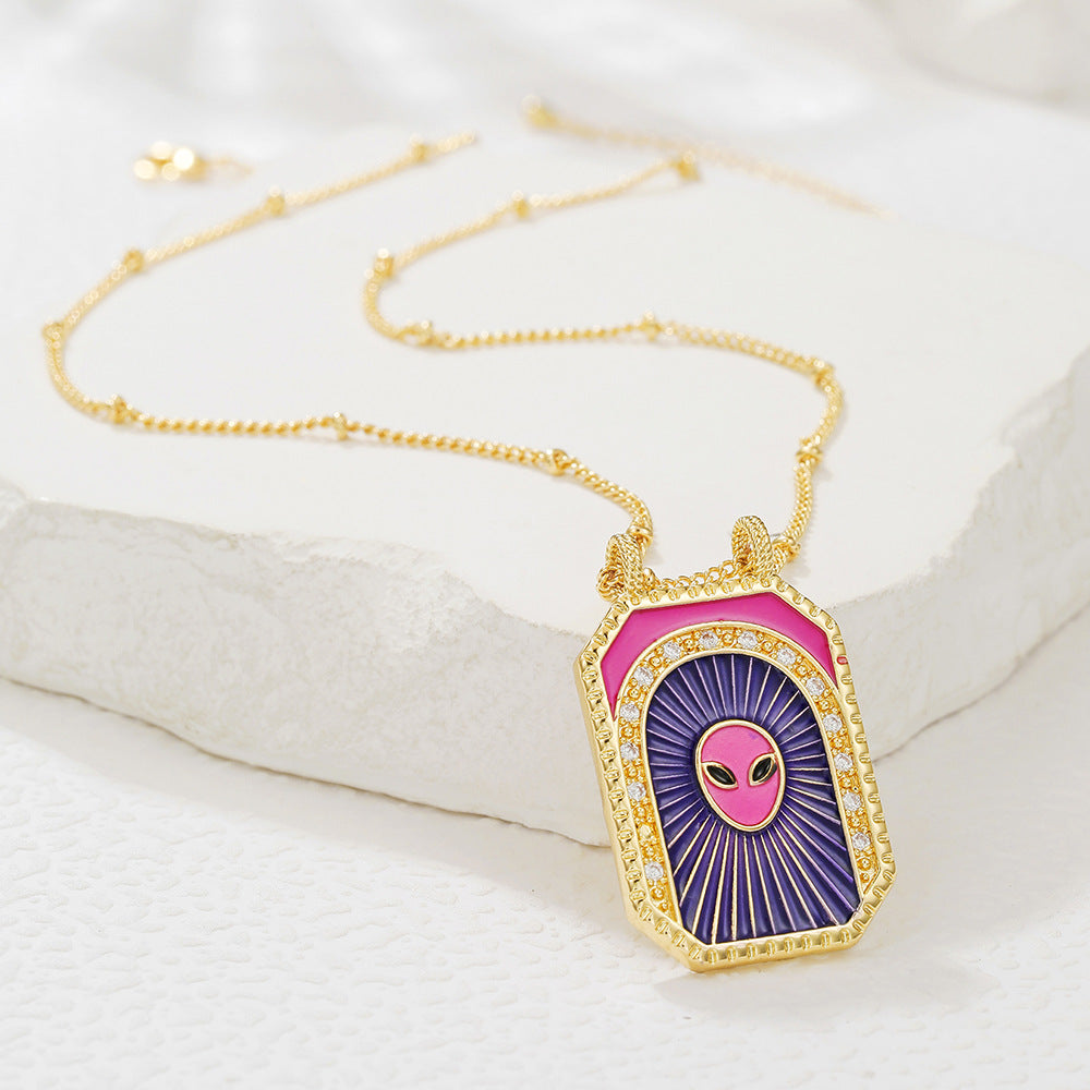 Geometric Gold Plated Brass Drip Oil Cubic Zirconia Inlay Tarot Necklace with Cable Chain