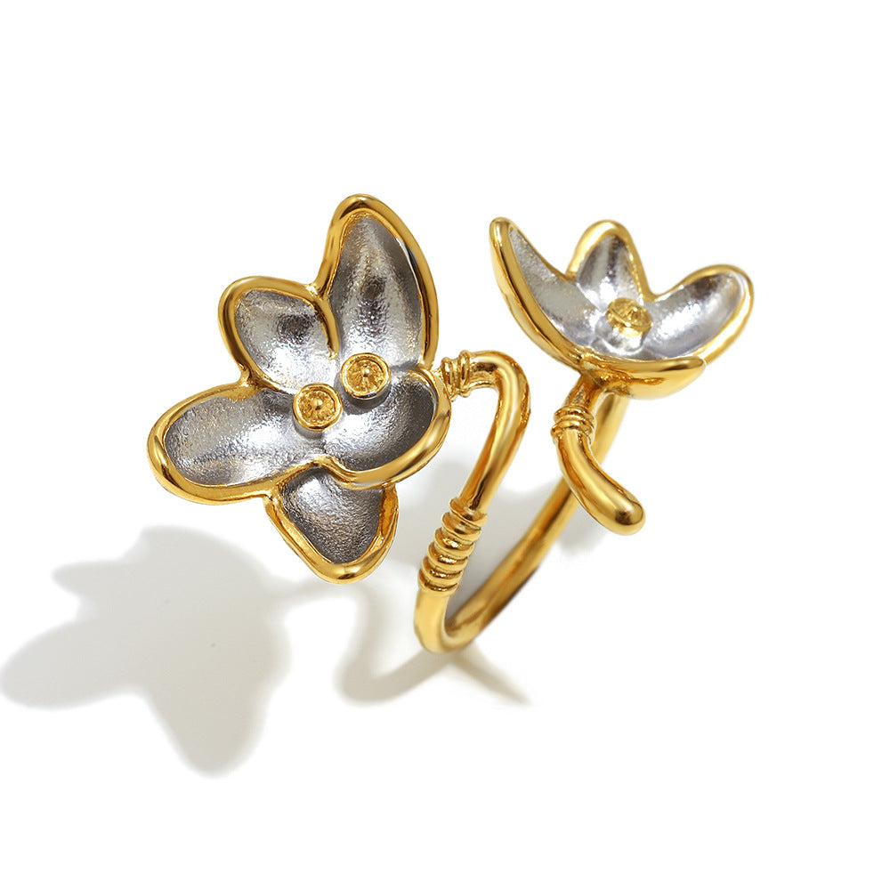 Minimalist Floral Stainless Steel Plated 18K Two-Tone Opening Ring for Women