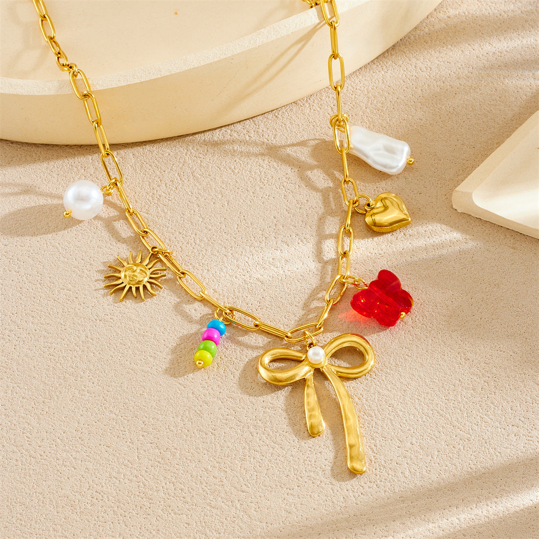 Gold Plated Stainless Steel Butterfly Necklace with Bow Knot for Women