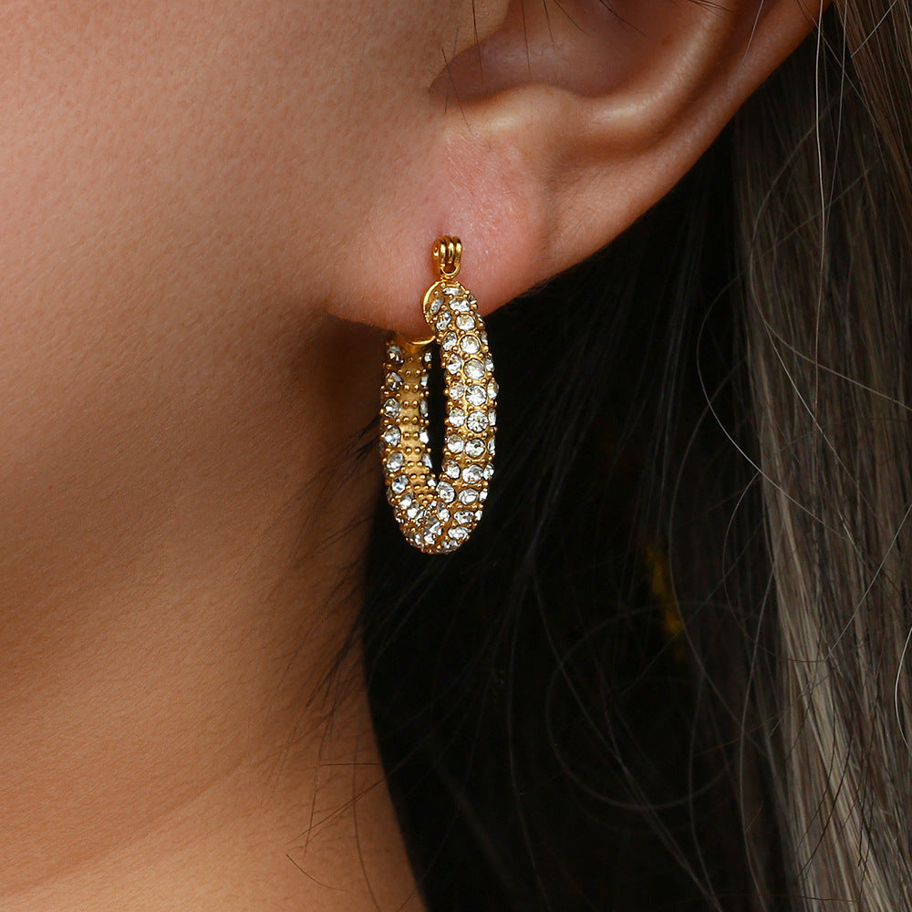 Fashion Minimalist Geometric Stainless Steel Plated 18K Gold Tone U-Shaped Full Zircon Stud Earrings for Women
