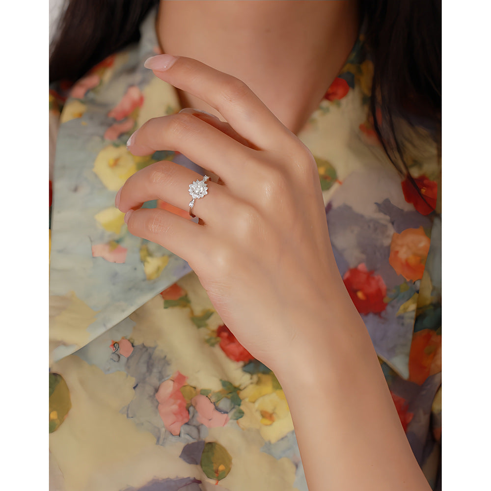 Luxury Elegant Round Geometric Floral Inlaid Cubic Zirconia 925 Sterling Silver Ring for Women Wedding Engagement