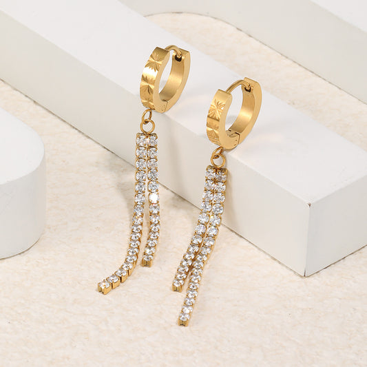 Orecchini a cerchio pendenti lunghi da donna, eleganti, geometrici, in acciaio inossidabile placcato oro con zirconi cubici