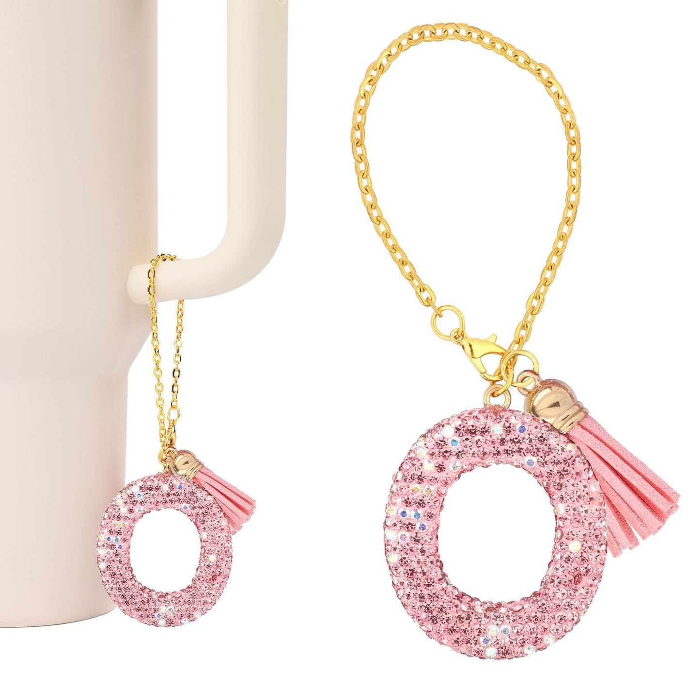 Minimalist Geometric Letter Ceramic Pendant with Gold Adjustable Chain Pink Tassel and Glitter Sequins