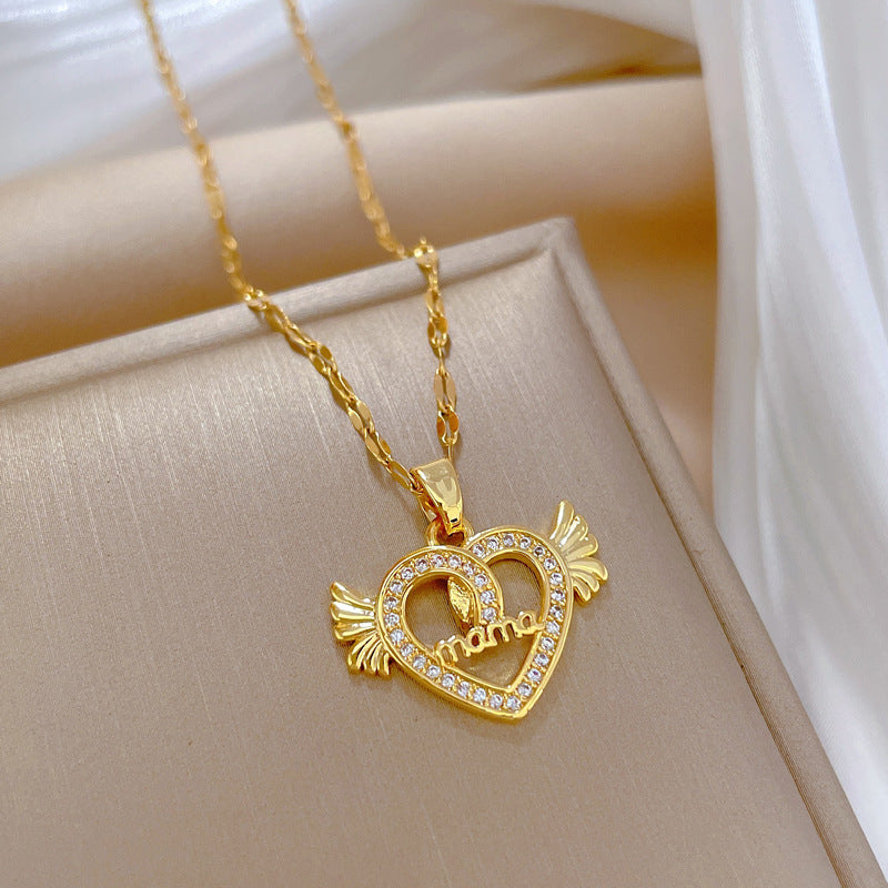 Collana Minimalista con Ciondolo Cuore Angelo da Donna in Acciaio al Titanio con Finitura Placcata, Delicata Catena per Clavicole
