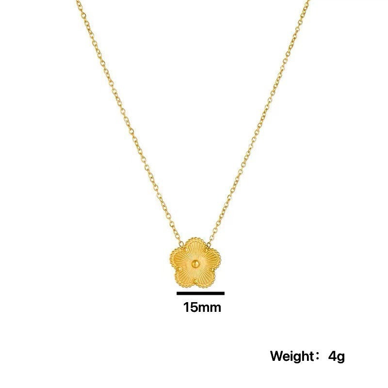 Minimalist Five-Petal Flower Necklace Set with Laser Four-Leaf Clover Pendant in Titanium Steel with Electroplating on O-Chain