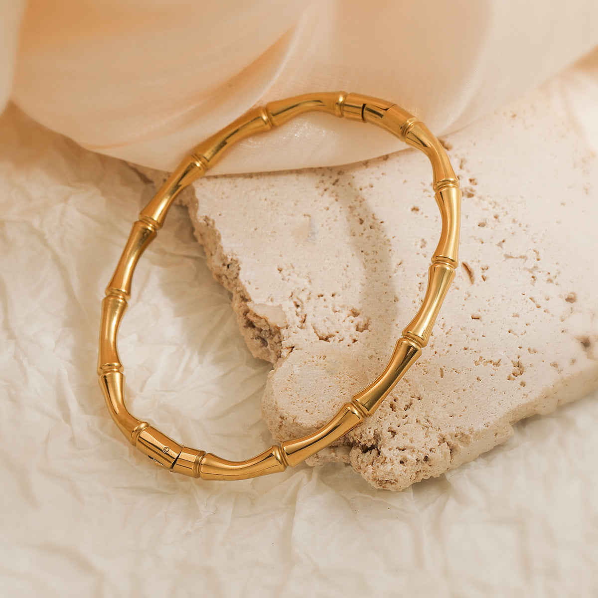 Minimalist Luxe Bamboo Joint Titanium Steel Bracelet for Women with Micro-Pavé Detailing and Irregular Design