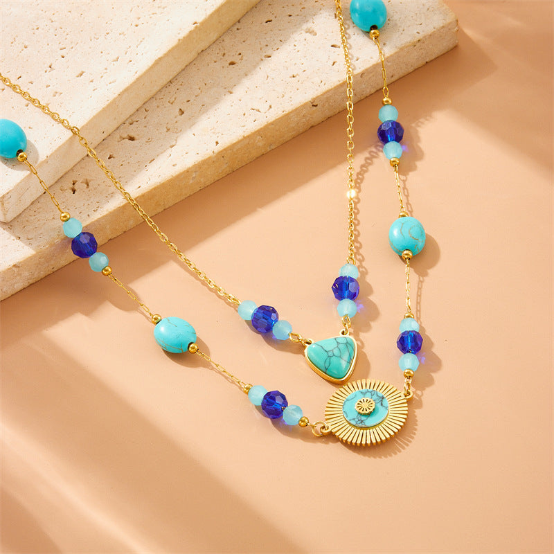 Vintage Bohemian Geometric Round Triangle Stainless Steel Plated Layered Beaded Turquoise Pendant Necklace for Women
