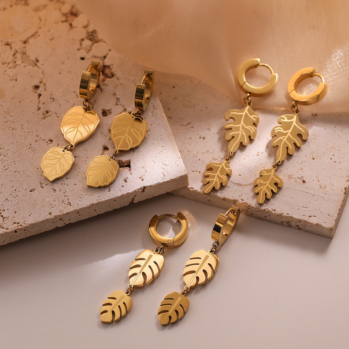 Minimalist Leaf-Shaped Titanium Steel Earrings for Women with Real Gold Plating, Fashionable and Versatile Ear Jewelry