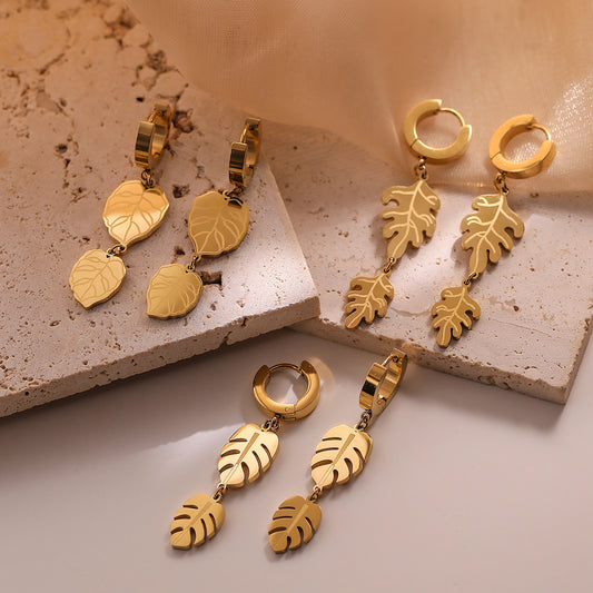 Minimalist Leaf-Shaped Titanium Steel Earrings for Women with Real Gold Plating, Fashionable and Versatile Ear Jewelry