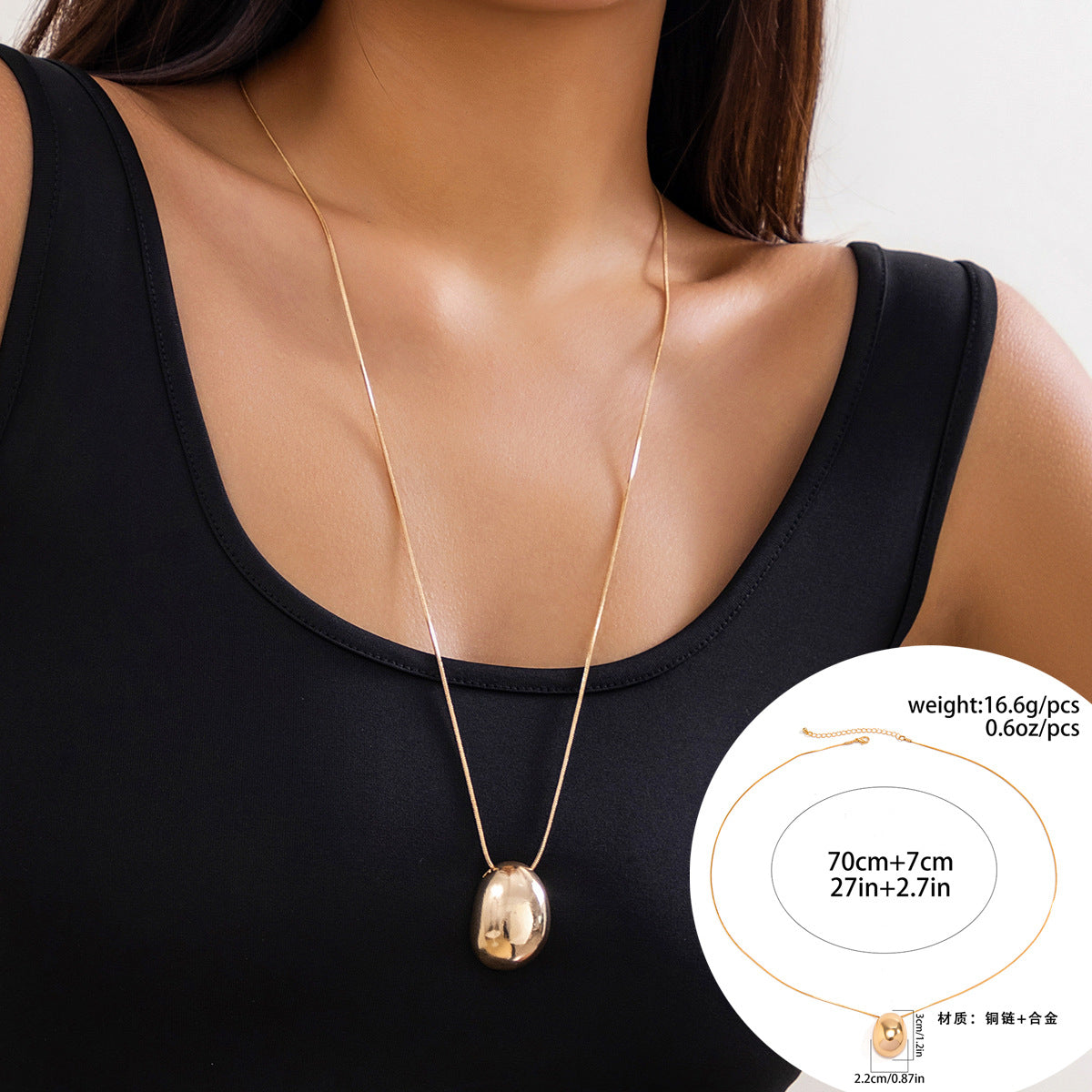 Punk Style Teardrop Shaped Pendant Necklace with Polished Metallic Finish and Snake Chain for Women