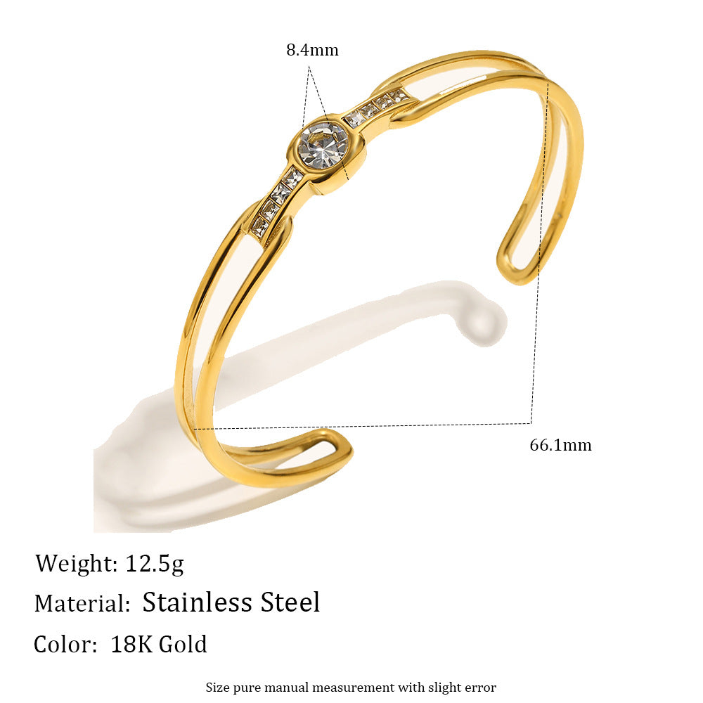 Bracciale a schiava a doppio strato geometrico con zirconi cubici rotondi in acciaio inossidabile placcato oro 18 carati, elegante e minimalista