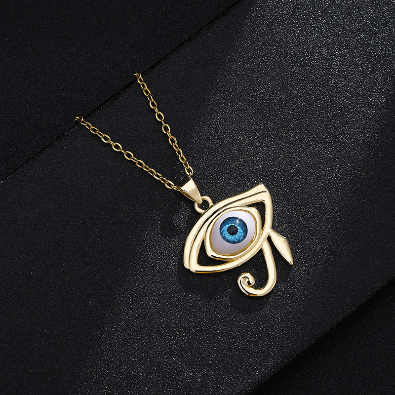 Collar con colgante de ojo turco geométrico vintage para mujer, chapado en cobre con oro real, cadena de serpiente, cadena de suéter ajustable