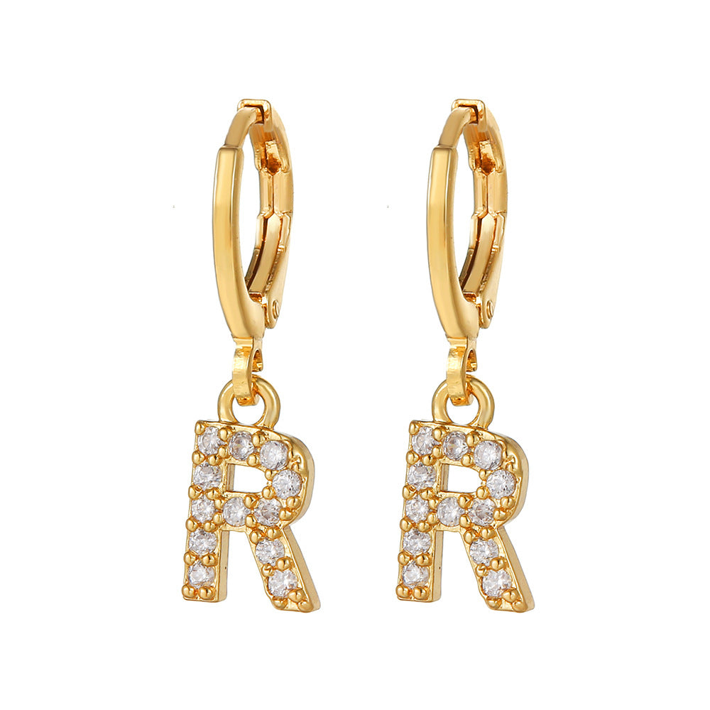 Minimalist Elegant Gold Plated Brass Micro-Inlaid Cubic Zirconia Letter Hoop Earrings for Women