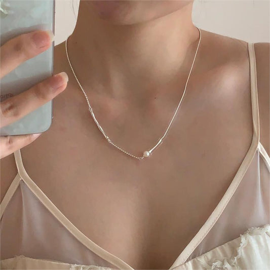 Collana Minimalista Geometrica con Perla in Argento Sterling 925 Placcato su Catena Snake
