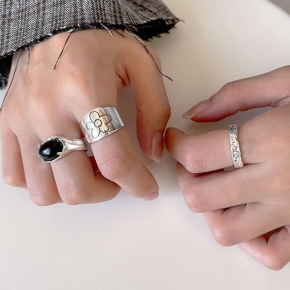 Anello floreale minimalista in argento sterling 925 con intarsio in agata nera, gioielli da donna regolabili
