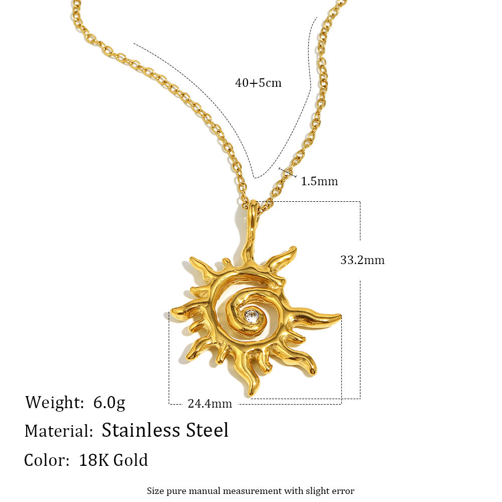 Elegante collar con colgante geométrico tipo sol para mujer en acero inoxidable con baño de oro de 18K y detalles de circonita