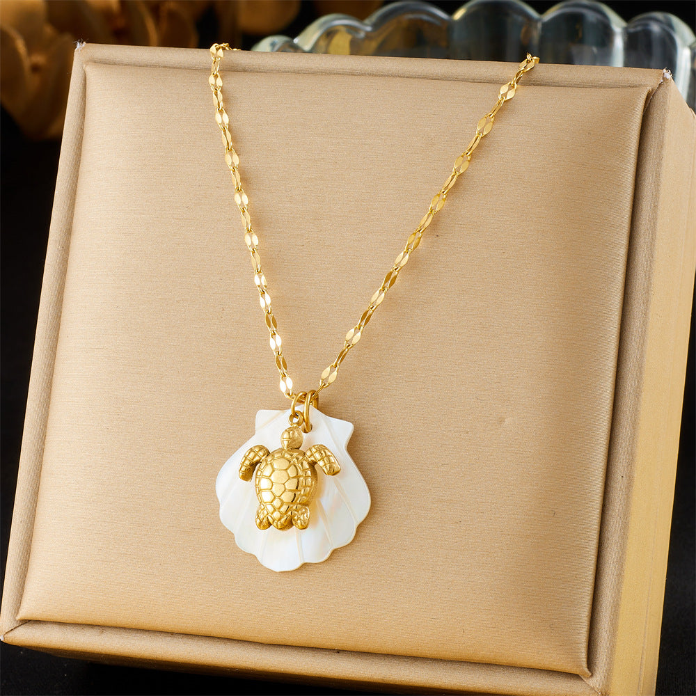 Personalized Ocean Starfish Seashell Turtle Pendant Necklace in Stainless Steel with 18K Gold Plating on Wavy Chain for Women