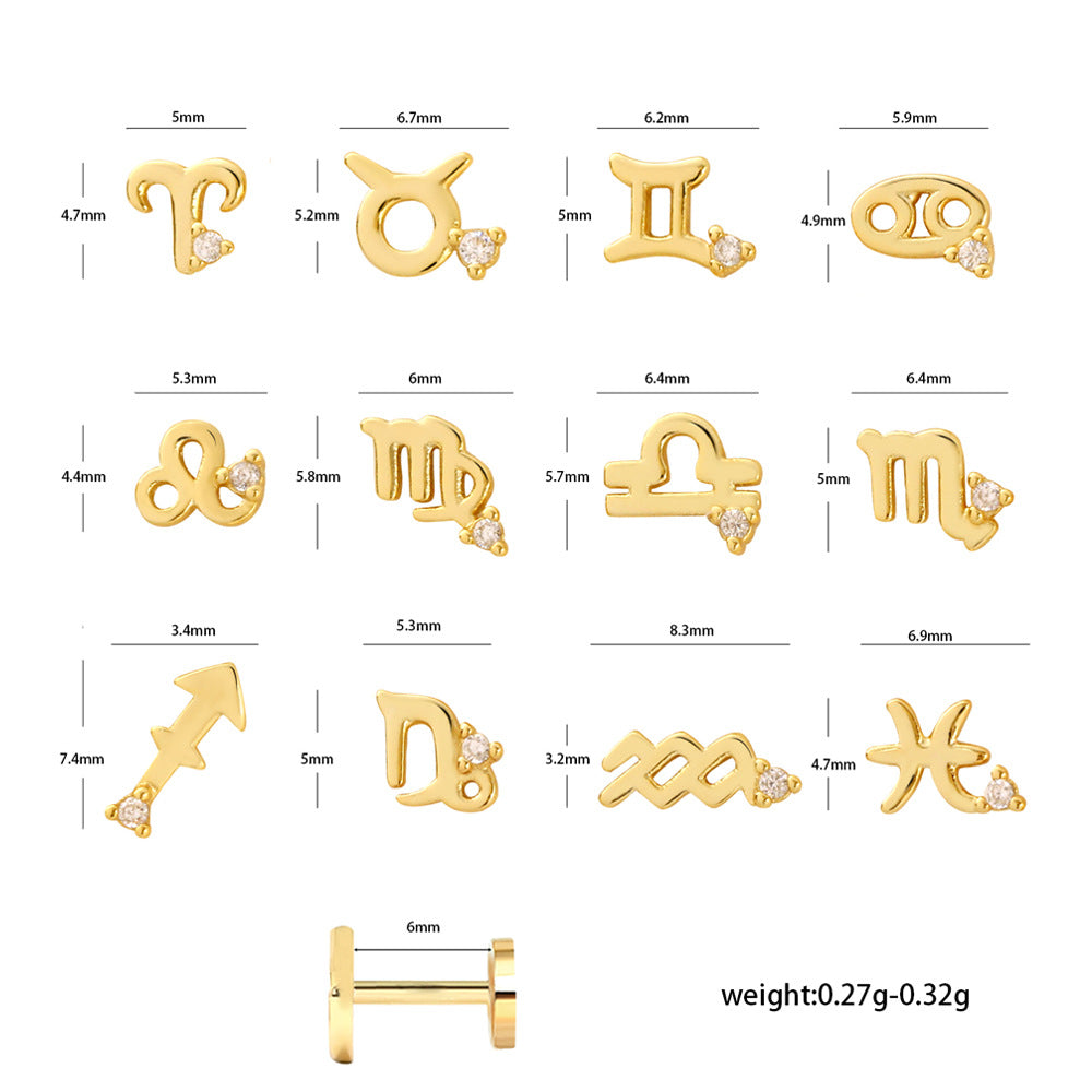 Minimalist S925 Sterling Silver Zodiac Flat Back Cartilage Earrings for Unisex
