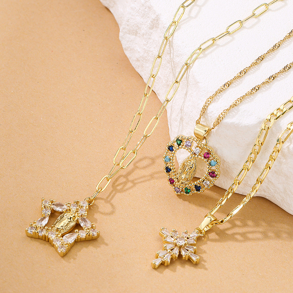 Minimalist Geometric Heart and Star Pendant Necklace for Women in Copper with Real Gold Plating and Zircon Inlay