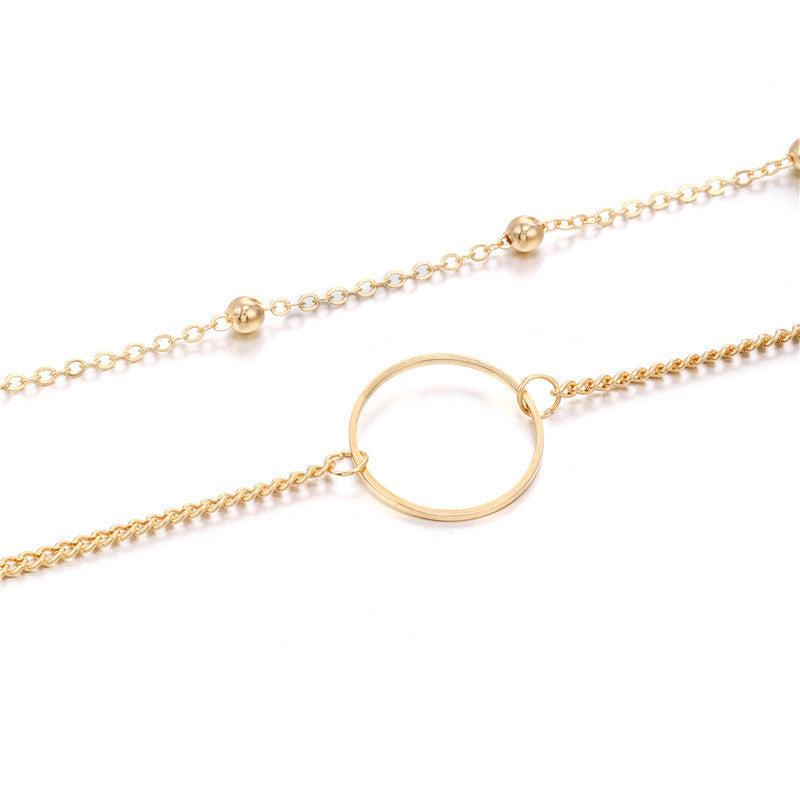 Minimalist Sweet Geometric Round Alloy Plated Pendant Double Layer Ball Chain Necklace for Women