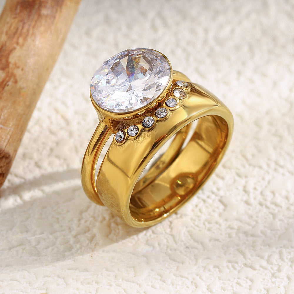Minimalist Geometric Stainless Steel Plated 18K Gold Double Oval Zirconia Stackable Ring for Women