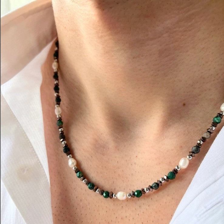 French Style Green Crystal Imitation Pearl Geometric Ball Chain Necklace for Unisex
