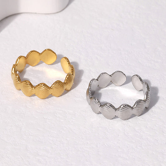 Anello da donna in titanio e acciaio intarsiato a conchiglia, regolabile e minimalista