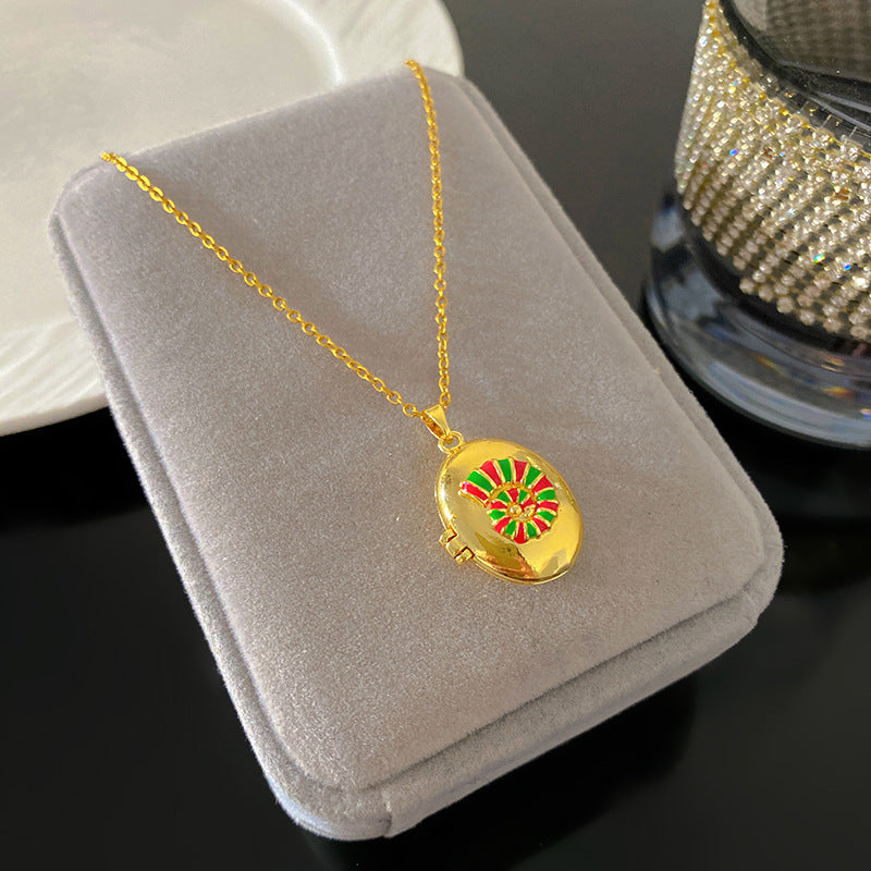 Vintage Enamel Drip Oil Oval Heart Brass Pendant Titanium Steel Necklace Cable Chain