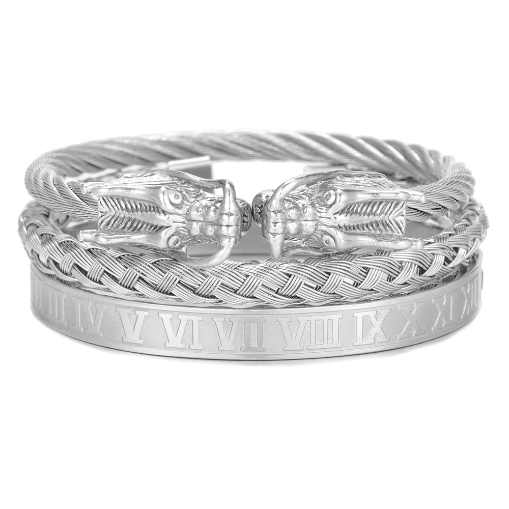 Punk Geometric Round Letter Titanium Steel Plated Open Cuff Bracelet Set for Unisex