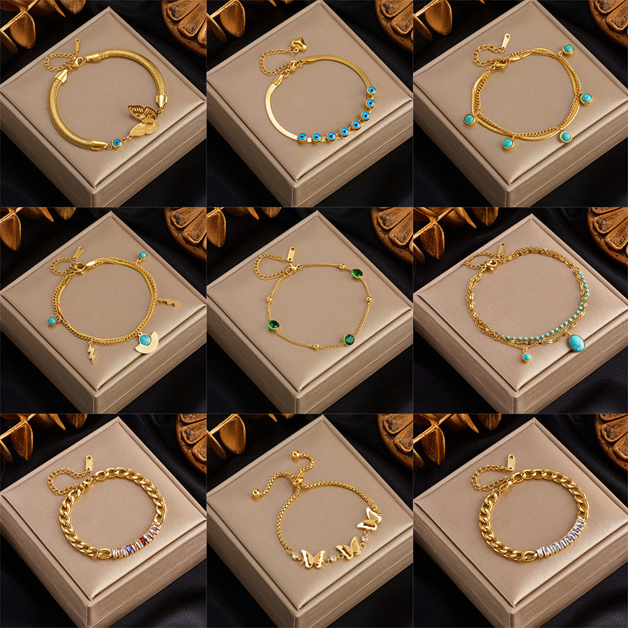 Bracciale in Acciaio Inox da Donna con Finitura Placcata e Ciondolo a Farfalla Turchese d'Ispirazione Vintage