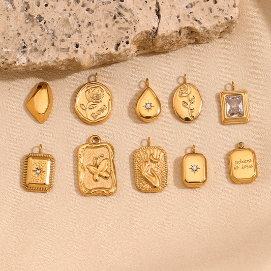 Geometric Fashion Pendant for Women Stainless Steel with 18K Gold Plating Teardrop Rose and Square Brick Design