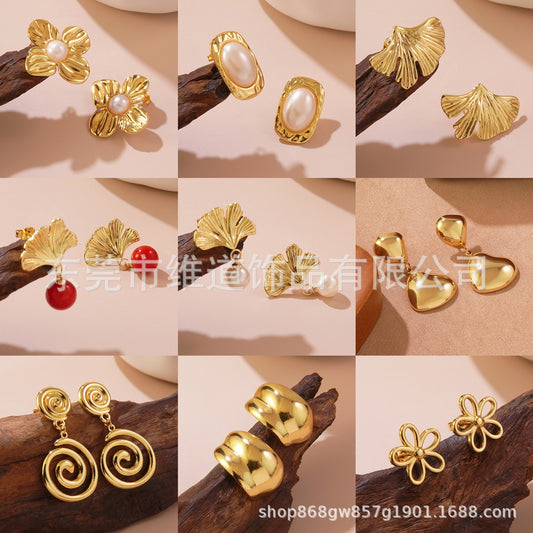Pendientes de mujer Sweet Streetwear de acero inoxidable martillado con diseño floral, de hojas y geométrico