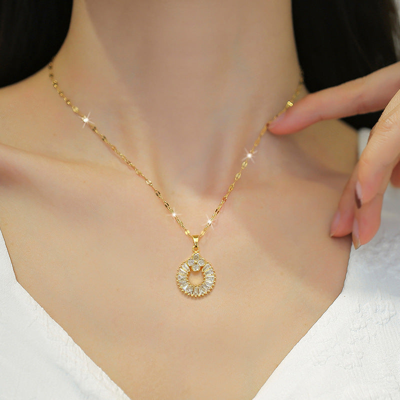 Minimalist Sweet Geometric Clover Micro-set Cubic Zirconia Titanium Steel Necklace and Earring Set for Women