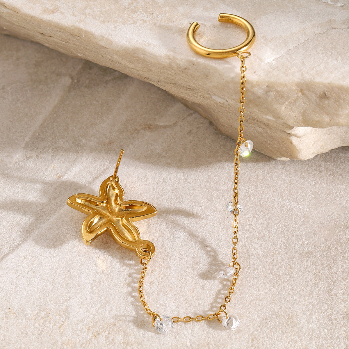 Ins Style Summer Ocean Series 18K Gold Plated Stainless Steel Starfish Rhestone Clip-on Earrings for Women