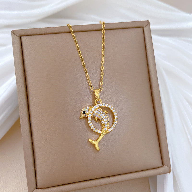 Sweet Minimalist Geometric Cartoon Dolphin Full Rhinestone Brass Pendant Titanium Steel Necklace for Unisex