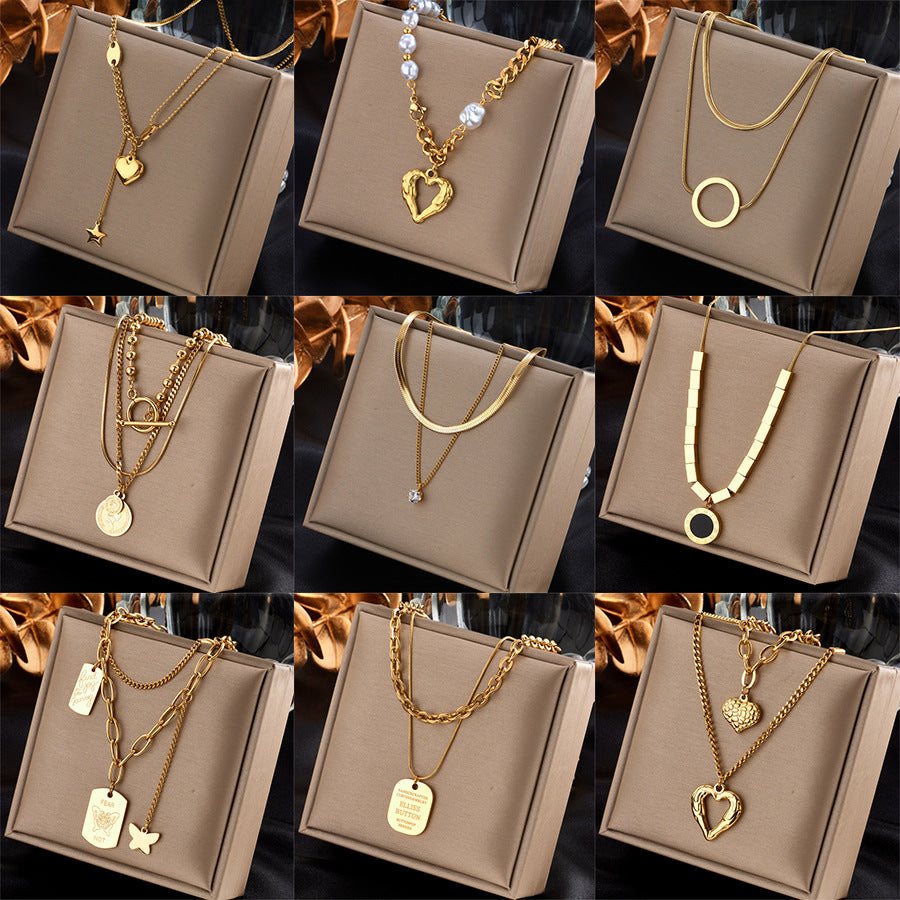 Fashionable Irregular Geometric Heart-Shaped Titanium Steel Plated Gold Multi-Layer Necklace for Women