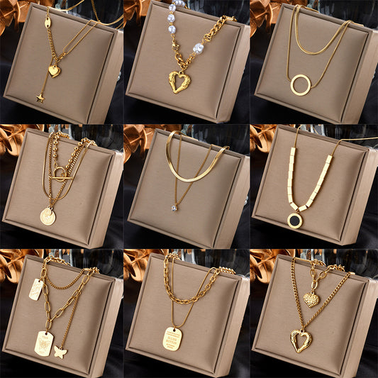 Collar multifila de acero titanio chapado en oro con corazón geométrico irregular de moda para mujer