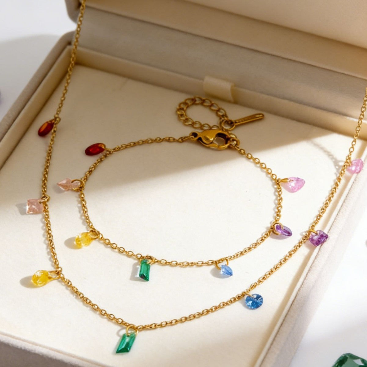 Luxury Geometric Stainless Steel and Titanium Steel Necklace and Bracelet Set with Cubic Zirconia 18K Gold Plated for Women