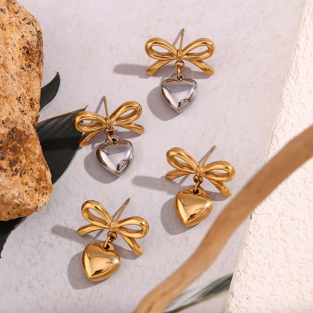 Orecchini da Donna in Acciaio Inossidabile con Fiocco e Cuore, Placcati Oro 18K, alla Moda