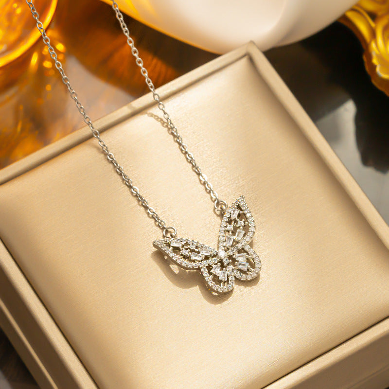 Minimalist Butterfly Pendant Necklace for Women in Titanium Steel with Micro-Pave Zirconia and Vacuum Electroplating on O-Chain